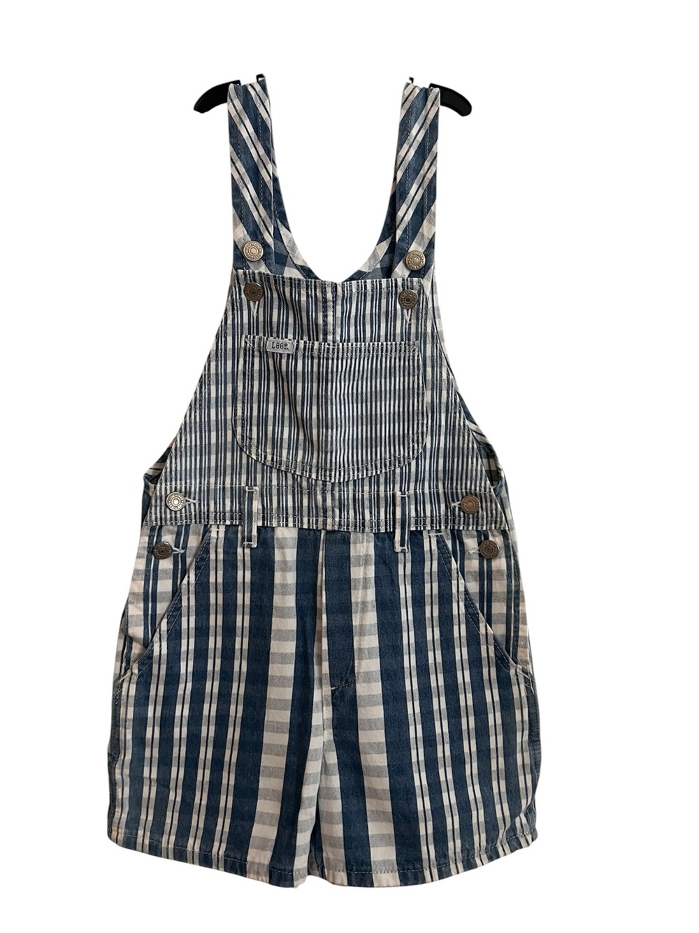 Vintage Lee Kids Striped Denim Overall Shorts in Blue & White
